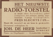 717396 Advertentie van Joh. de Heer, Piano- en Orgelhandel & Radiozaak, Janskerkhof 5 te Utrecht, voor 'het nieuwste ...